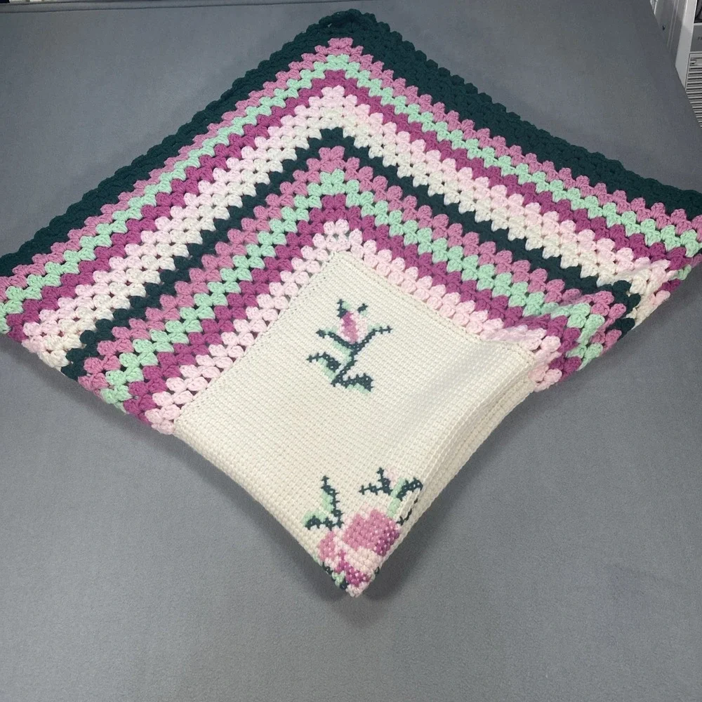 Vintage Crochet Afghan Throw Blanket Handmade Beige Pink Green Flowers 53x59